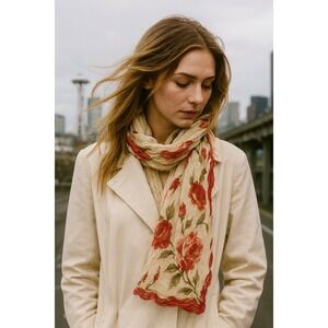 Floral Scarf Red Rose Print Lightweight Elegant‎ Fashion Accessory 80x34